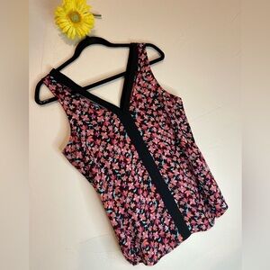 Candie’s Bright Delicate Floral Top~Sleeveless~Black Strap Open Neckline~Size M